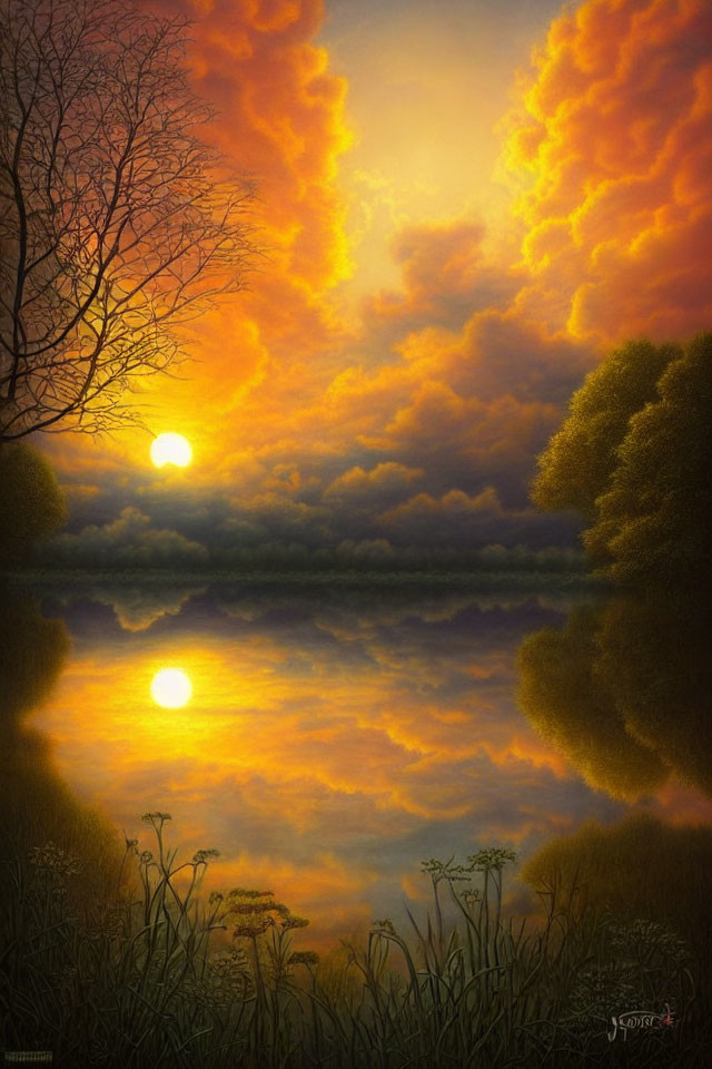 Tranquil sunset with vibrant orange clouds reflected in calm lake