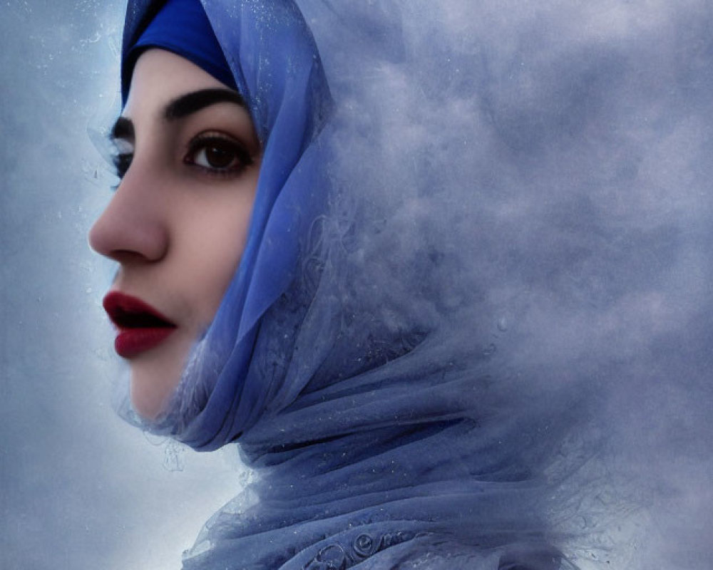 Portrait of a Woman in Blue Hijab with Cloudy Background