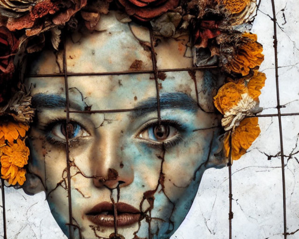 Portrait of a woman with cracked patina overlay and flower crown