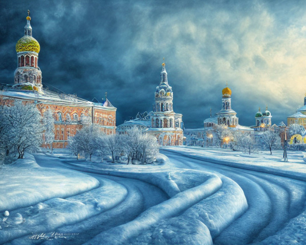 Snowy scene with ornate buildings, golden domes, and dramatic sky with footprints and tire