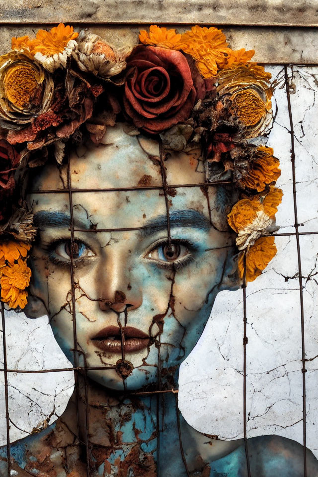 Portrait of a woman with cracked patina overlay and flower crown