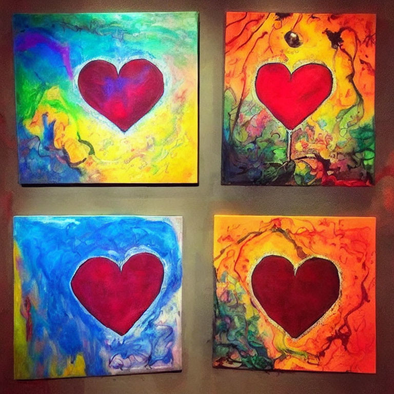 Vibrant Heart Paintings with Abstract Backgrounds on Wall