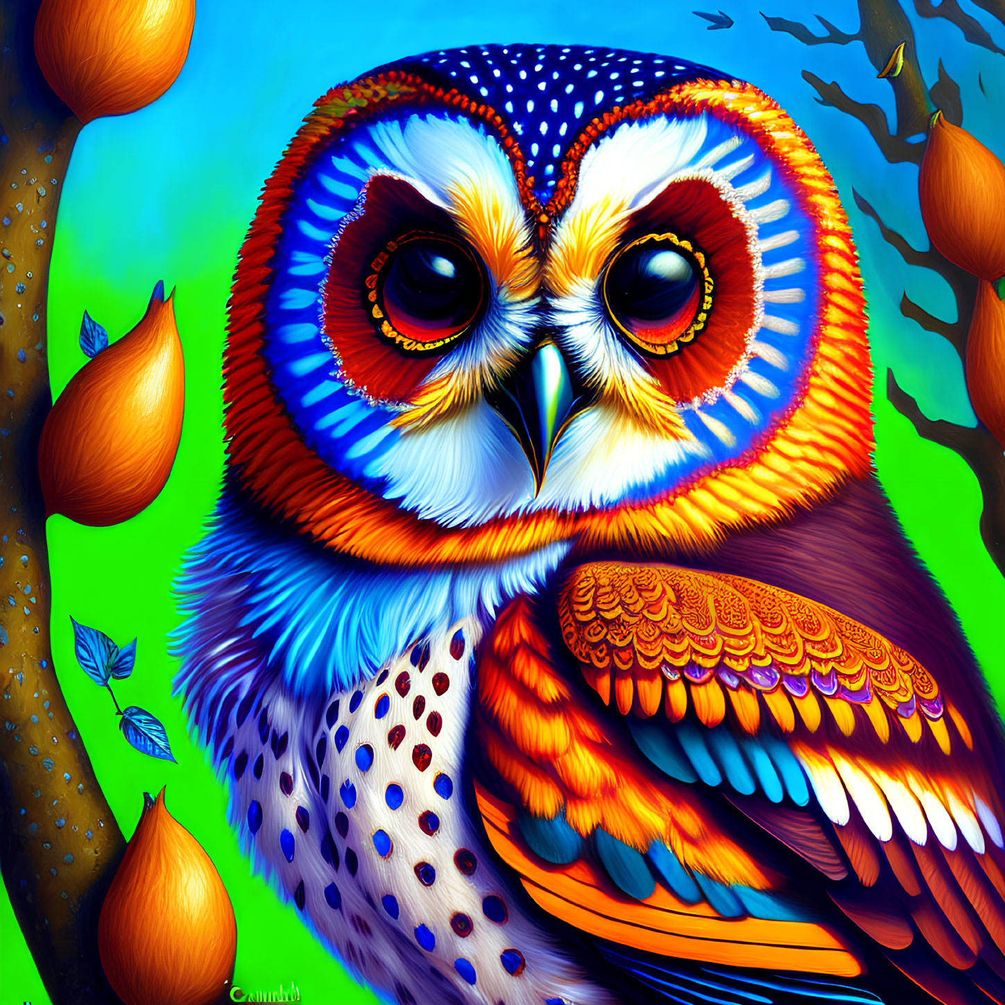 Colorful Owl Illustration with Blue and Orange Plumage on Teal Background