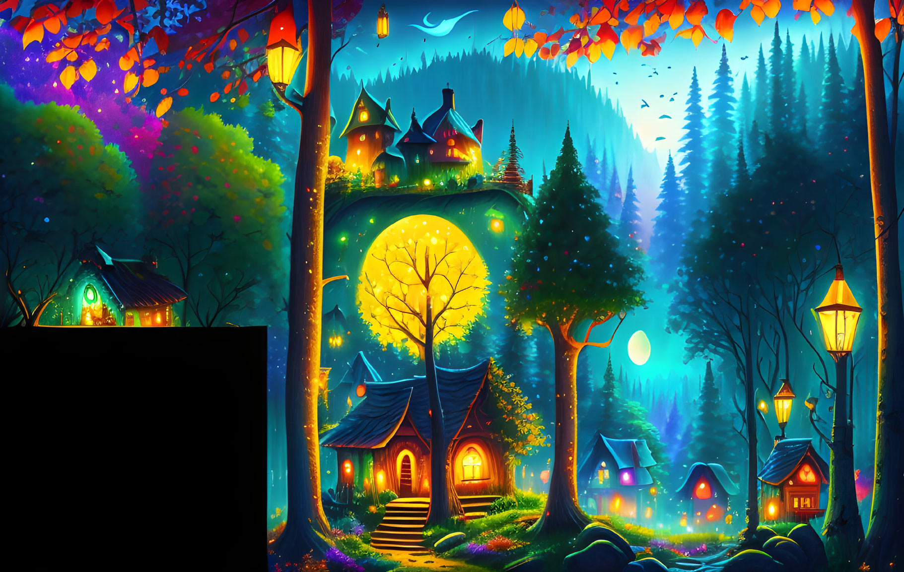 Colorful Trees and Whimsical Cottages in Nighttime Fantasy Landscape