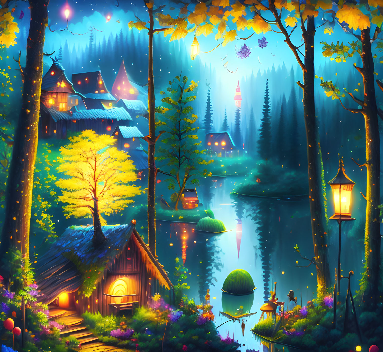 Twilight fantasy landscape with glowing lanterns, lake, cottages, and magical forest