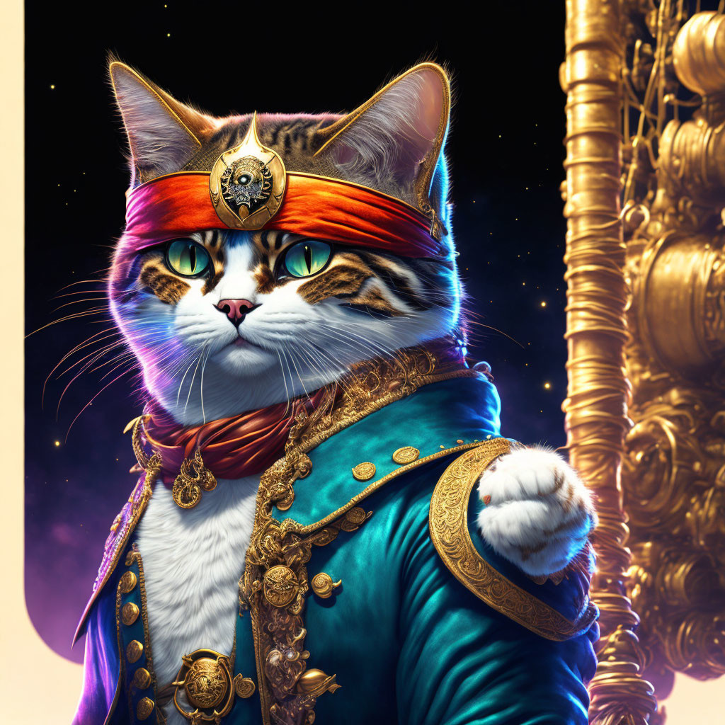 Regal Cat in Golden Crown and Outfit Standing with Scepter