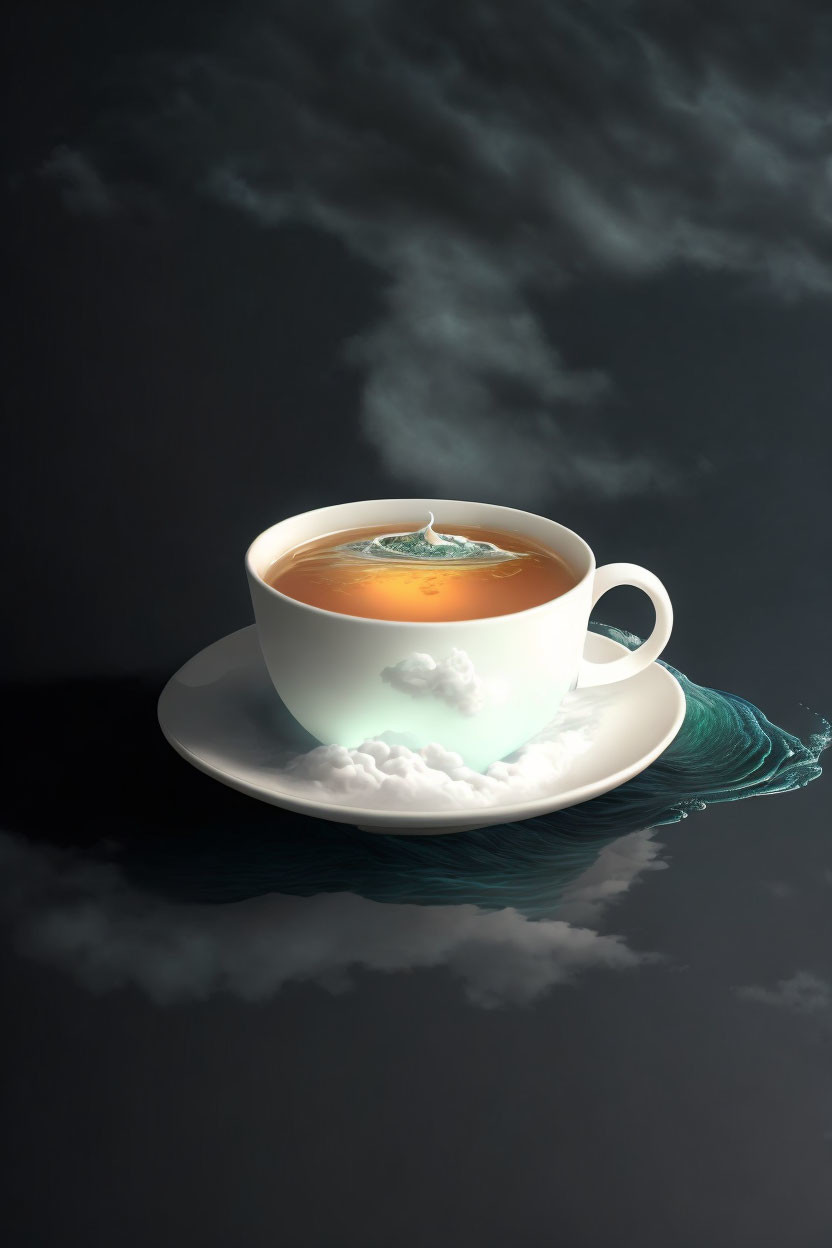 Surreal image: Tea cup reflects sky, clouds, and sun