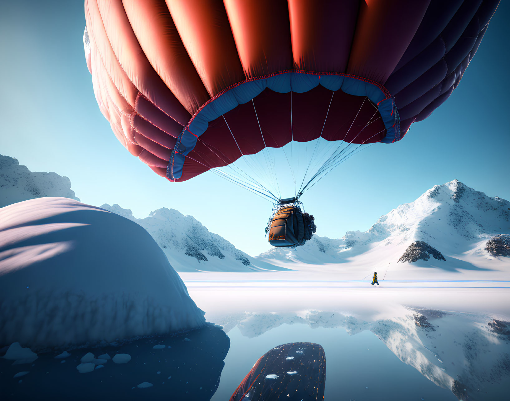 Scenic hot air balloon over snowy mountains with lone figure by water.