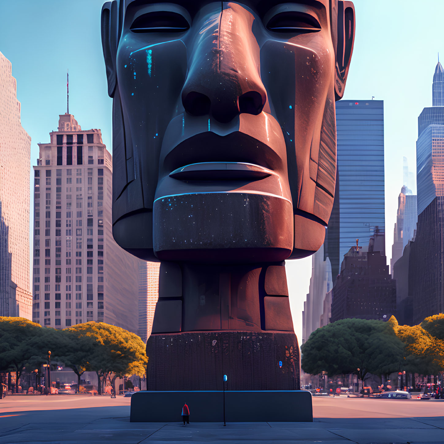 Giant futuristic head sculpture with cosmic texture in urban plaza