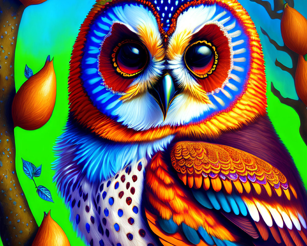 Colorful Owl Illustration with Blue and Orange Plumage on Teal Background