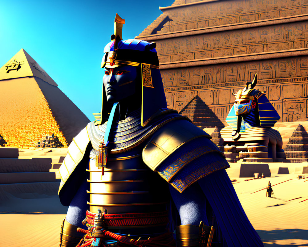 3D rendering of two pharaoh statues with headdresses in front of pyramids