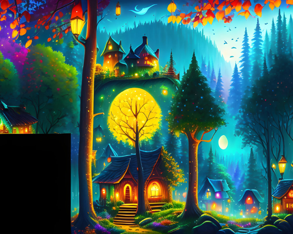 Colorful Trees and Whimsical Cottages in Nighttime Fantasy Landscape