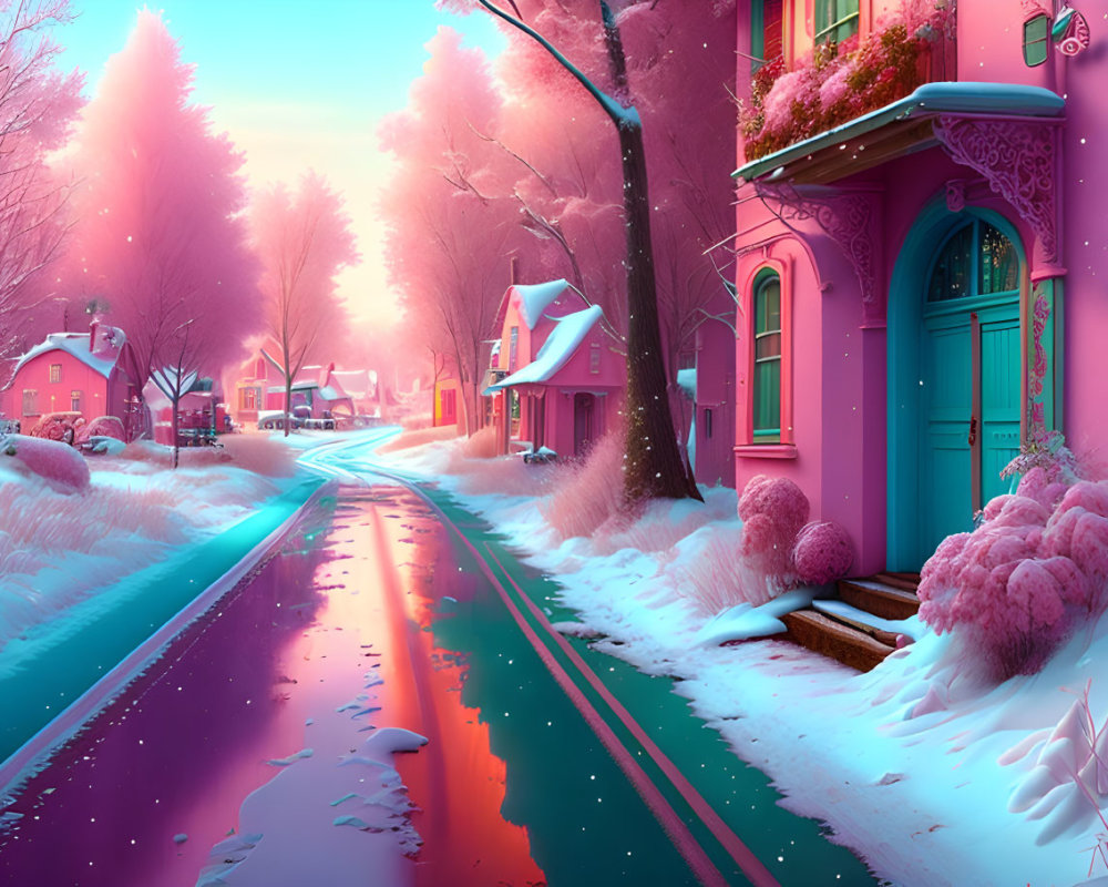 Colorful digital artwork: Quaint street with pastel houses, snowy trees, and ice-covered road