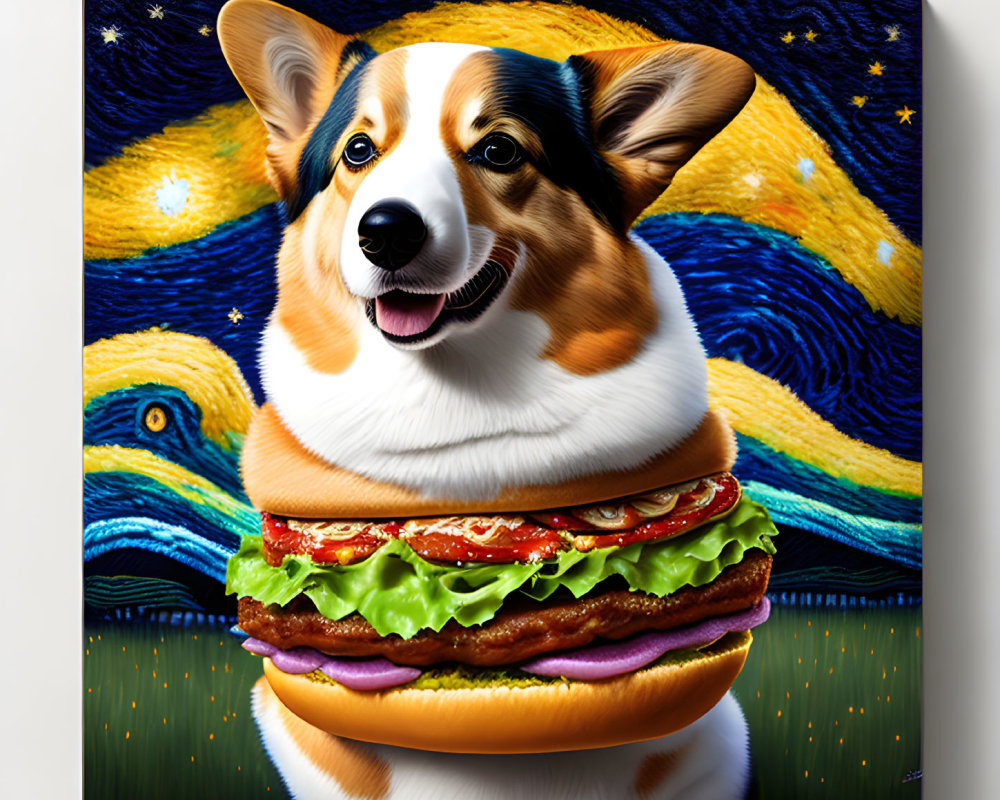 Surreal corgi head on hamburger against Starry Night background