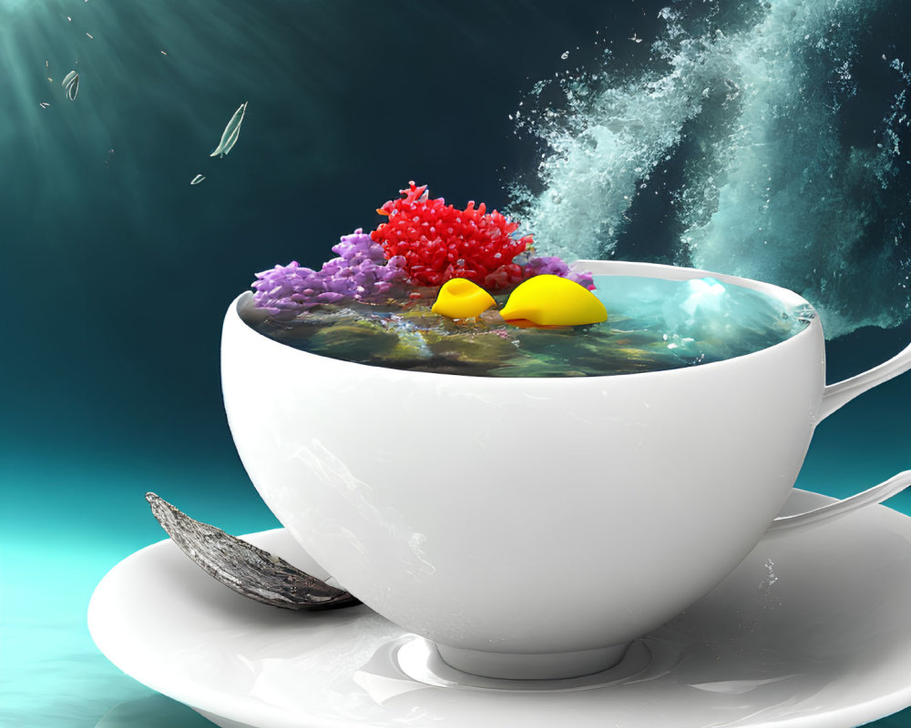 Surreal 3D illustration of white cup with ocean ecosystem and colorful fish