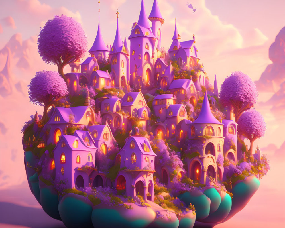 Floating island with pink-purple trees and fairytale houses under pastel sunset sky