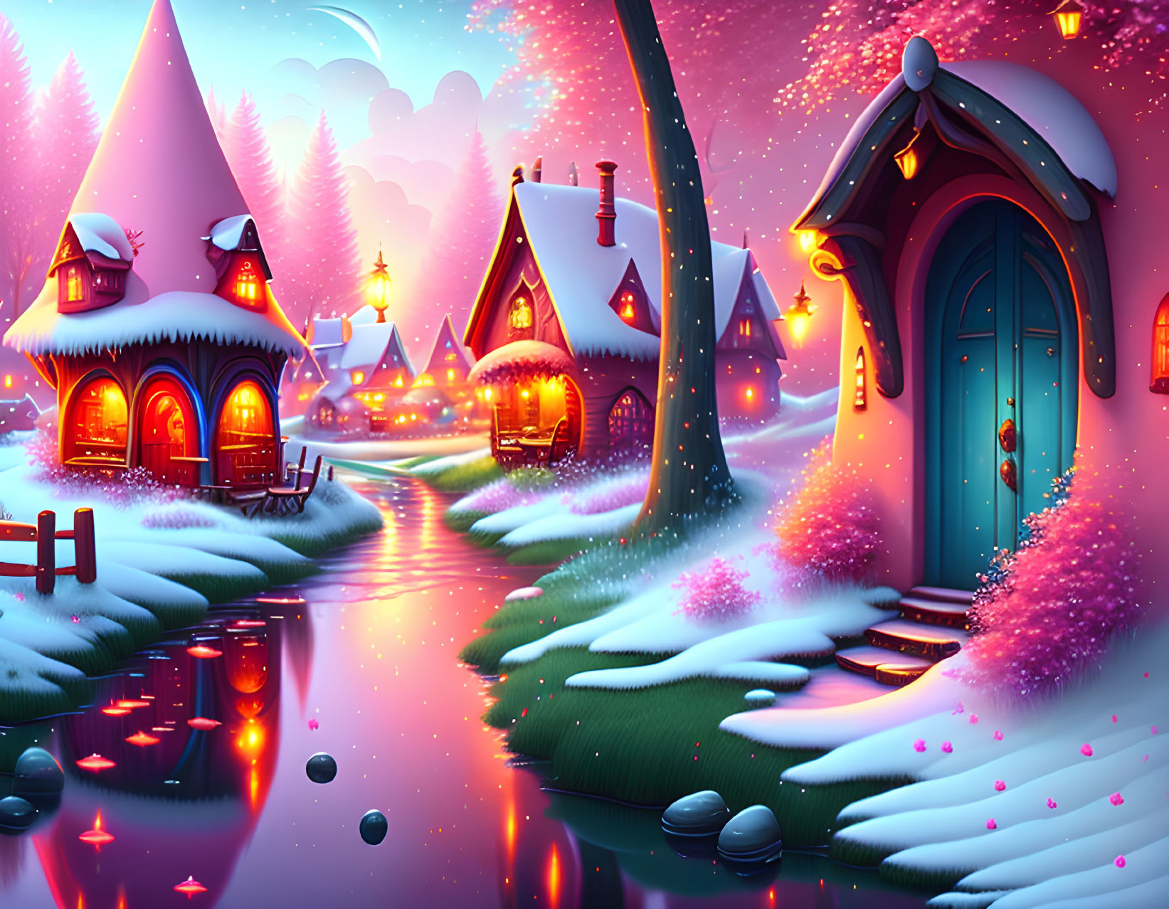 Fantasy village with whimsical cottages and glowing windows in snowy twilight