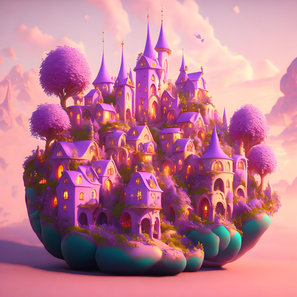 Floating island with pink-purple trees and fairytale houses under pastel sunset sky