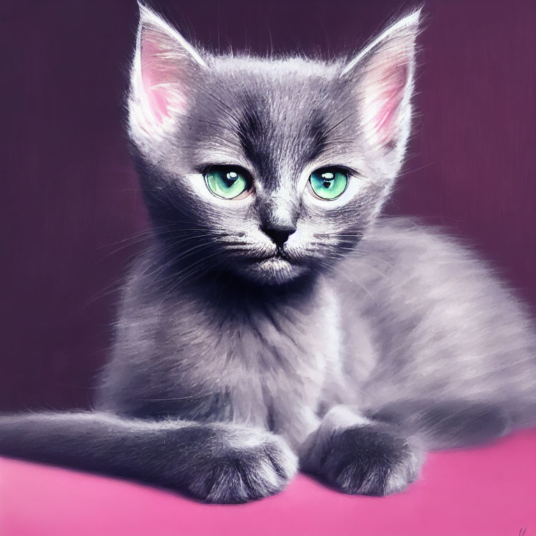 Grey Kitten with Green Eyes on Pink Surface Against Purple Background