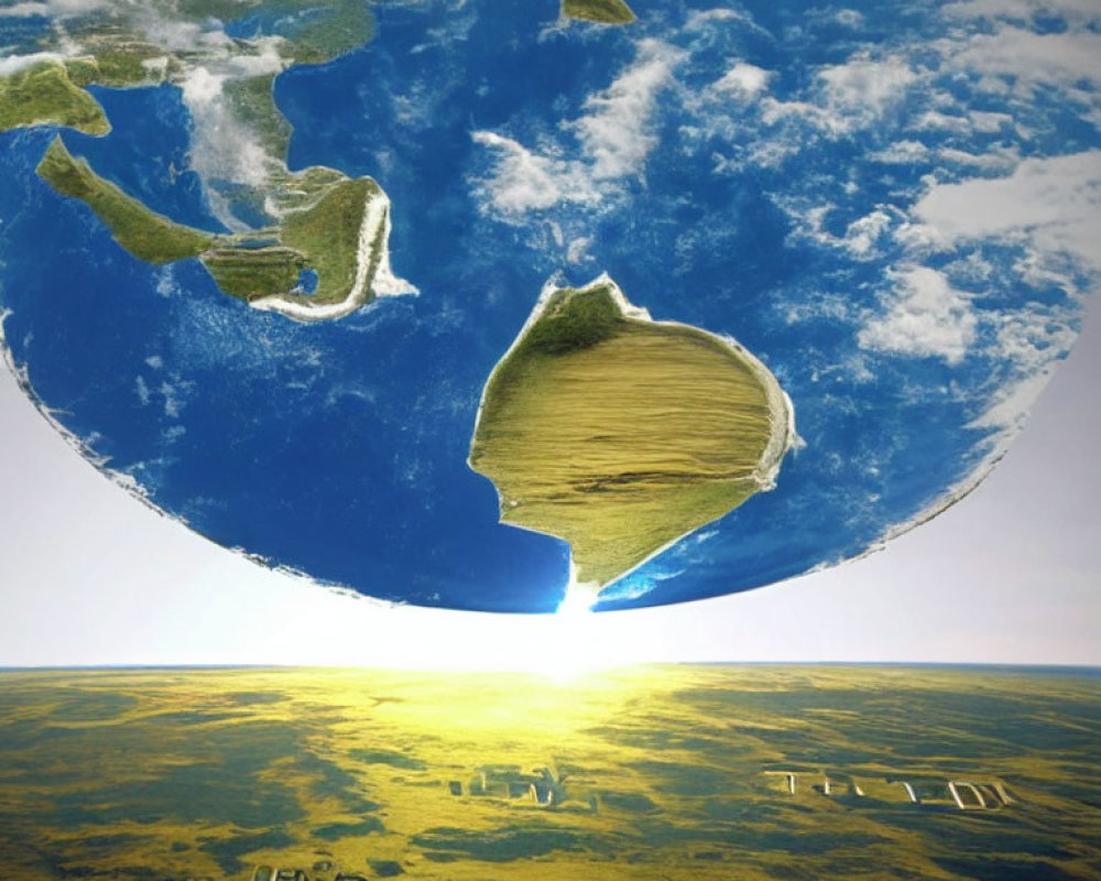 Surreal inverted Earth view with continents casting shadows