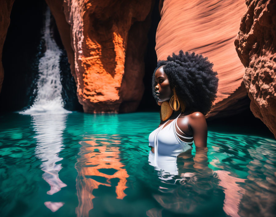 Woman with Afro Swimming in Serene Canyon Waterway