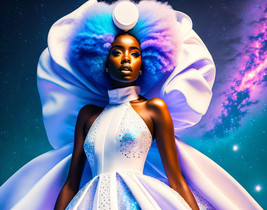 Woman in elaborate white and blue outfit against cosmic background