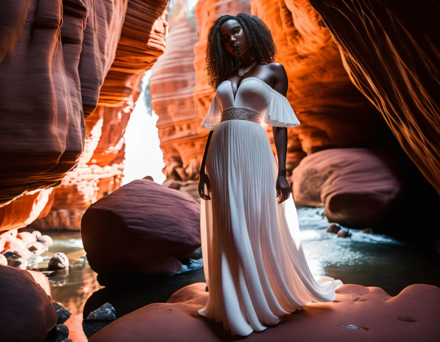 Woman in White Dress Standing in Red-Rock Canyon
