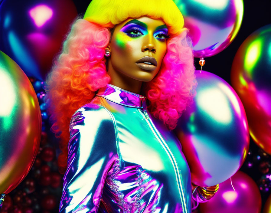Colorful Balloons Surround Person with Pink Hair and Metallic Outfit