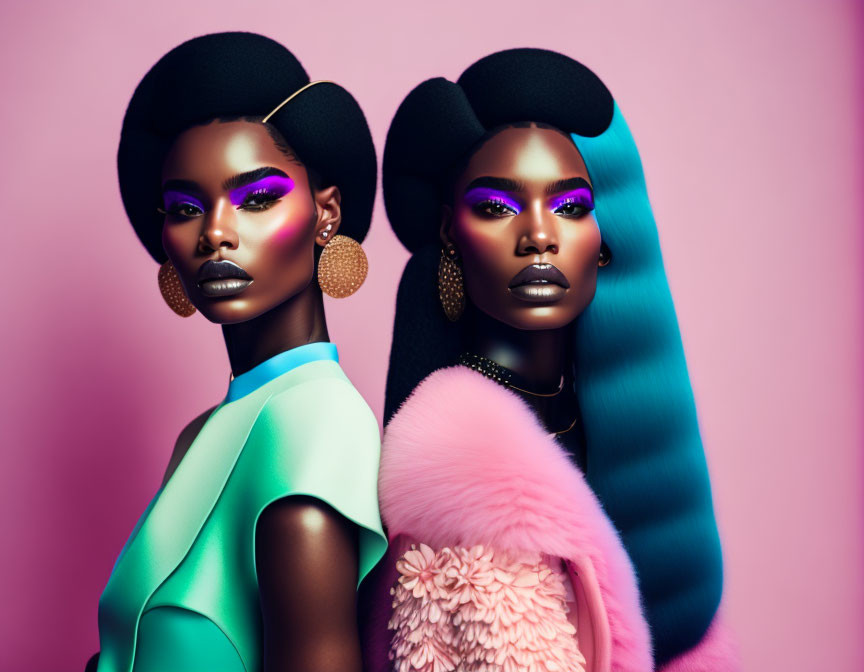 Avant-garde hairstyles and bold pastel outfits on two models.