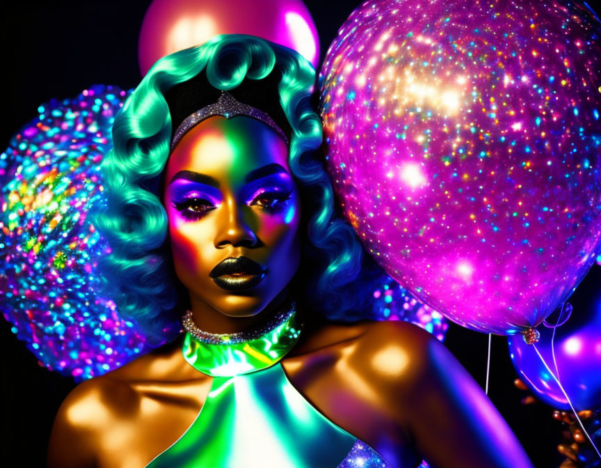 Person with Vibrant Blue Hair and Makeup Poses with Colorful Illuminated Balloons