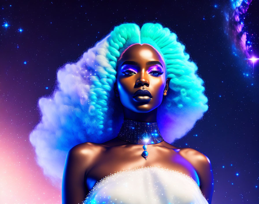 Stylized digital artwork: Woman with blue Afro hair, sparkling makeup, white garment, cosmic background