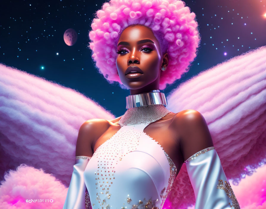 Portrait of a woman with pink afro hairstyle in celestial setting