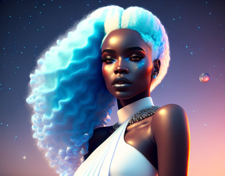 Digital Artwork: Woman with Blue and White Gradient Hair in Cosmic Setting