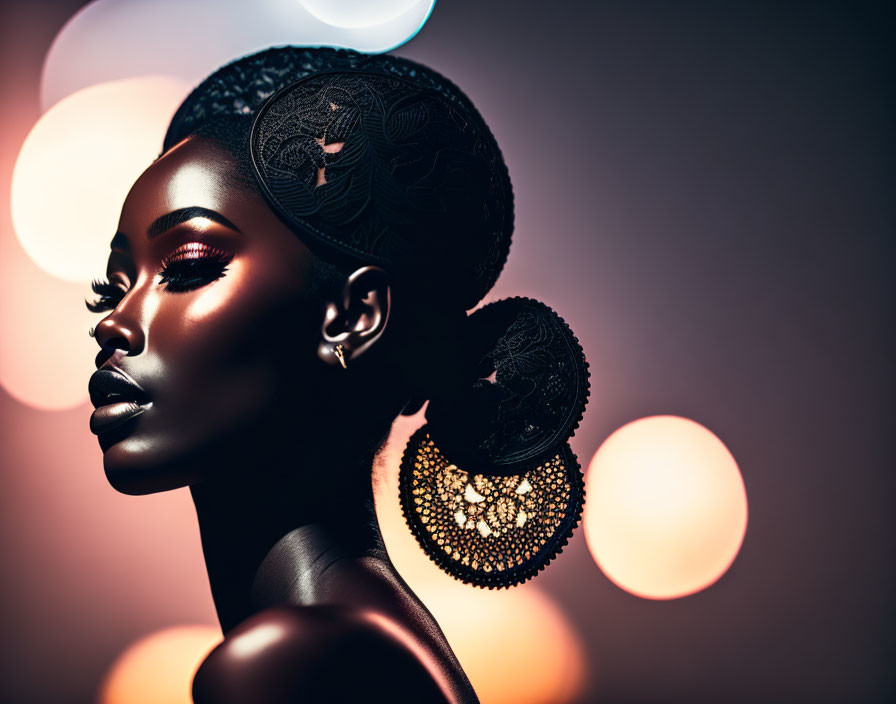 Detailed Makeup and Ornate Earrings on Woman Against Soft Bokeh Backdrop