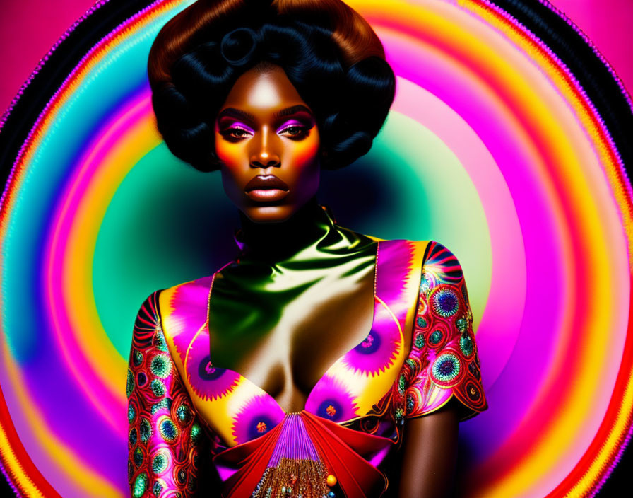 Vibrant portrait of a woman with avant-garde style and bold background