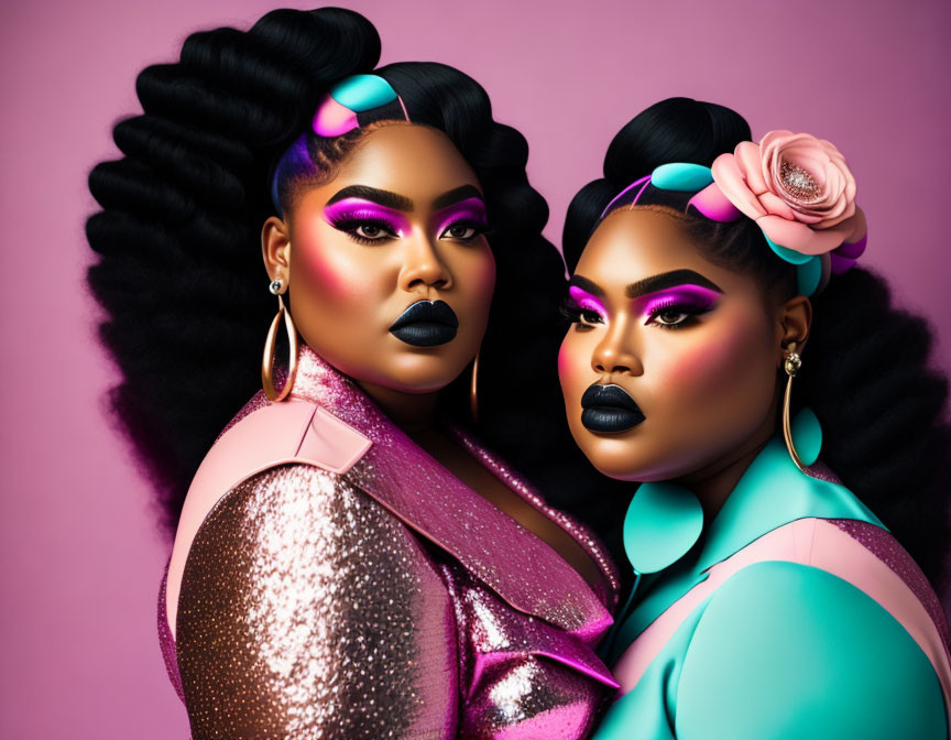 Glamorous makeup and hairstyles on two individuals in colorful outfits pose against a pink background