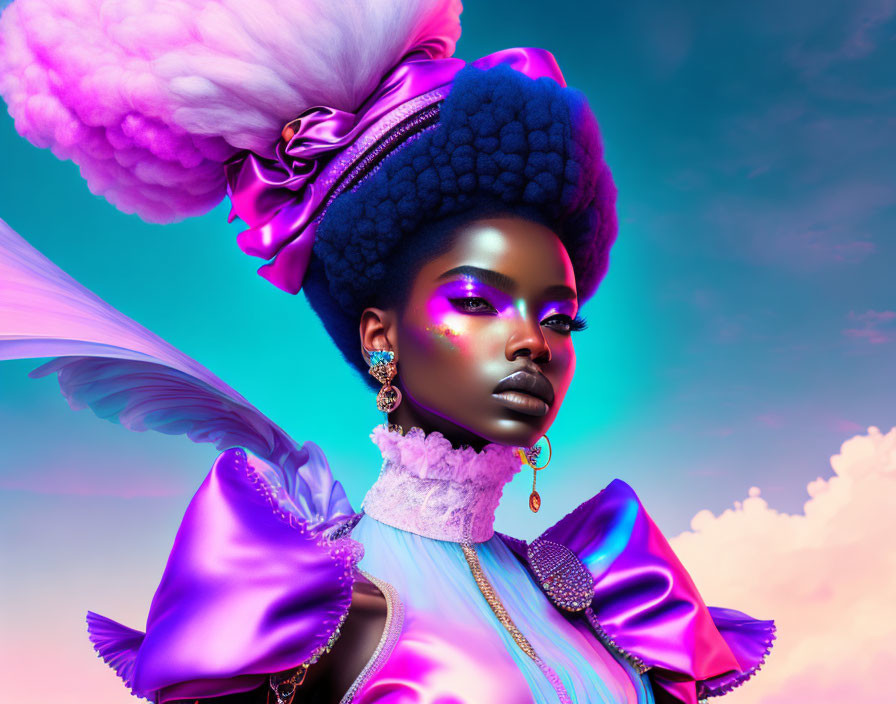 Vibrant purple makeup and attire with ruffled collar and wing-like accessory on teal and pink backdrop