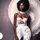Dark-skinned model in white avant-garde outfit with lace details on purple background