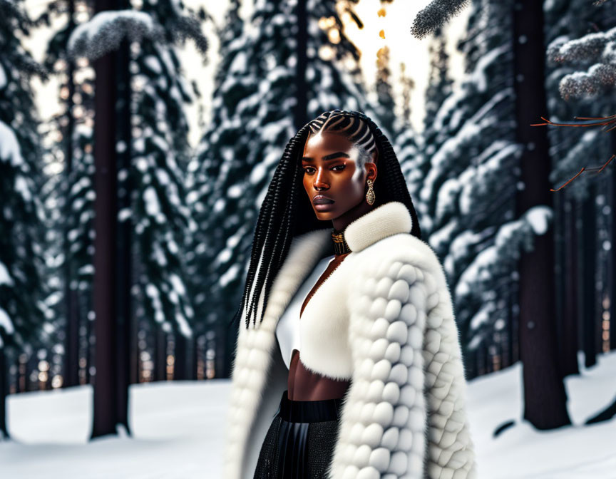 Woman with braided hair and golden earrings in white fur coat and black dress in snowy forest.
