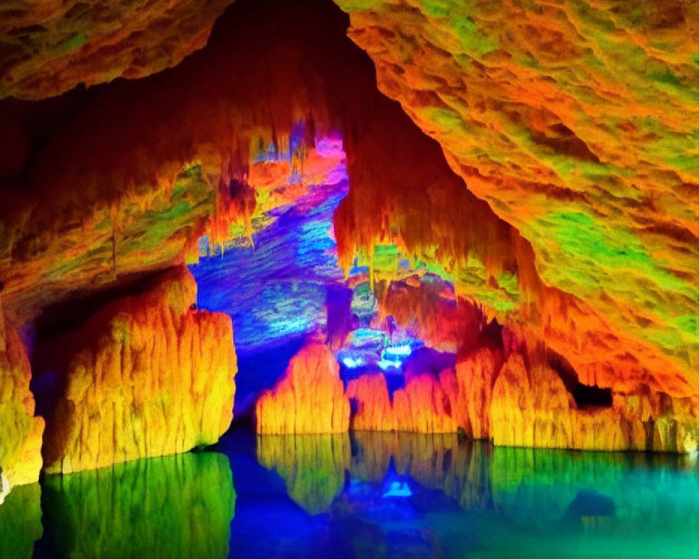 Vibrant illuminated cave with stalactites and reflective water