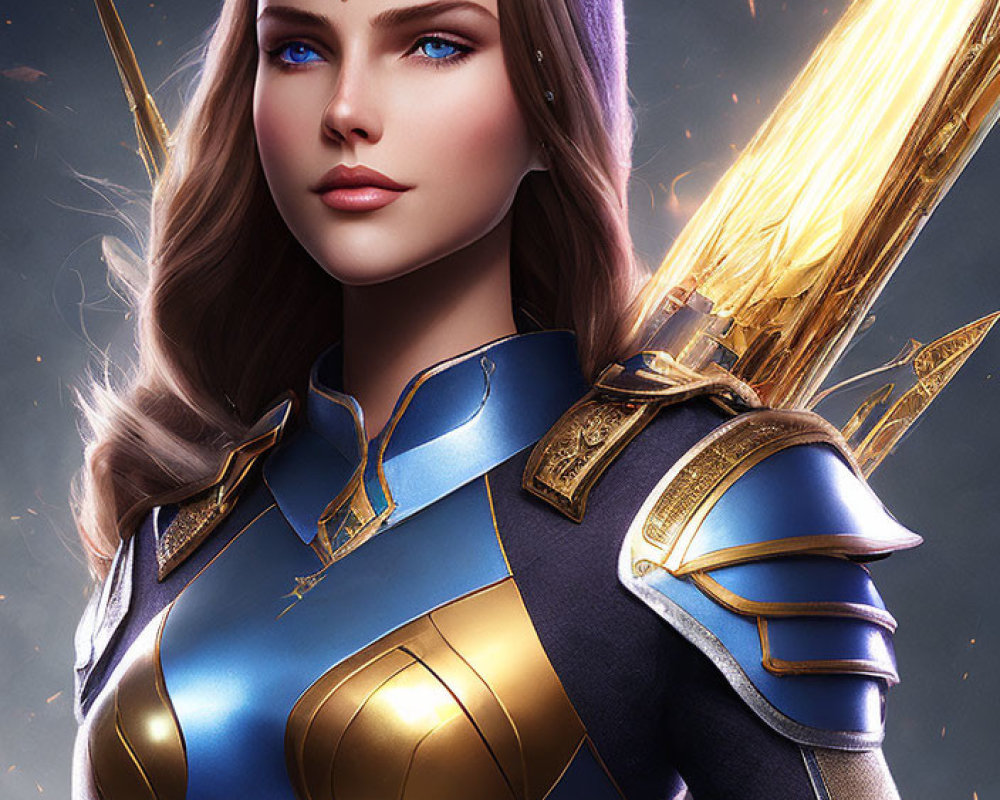 Fantasy warrior woman with glowing sword in blue and gold armor