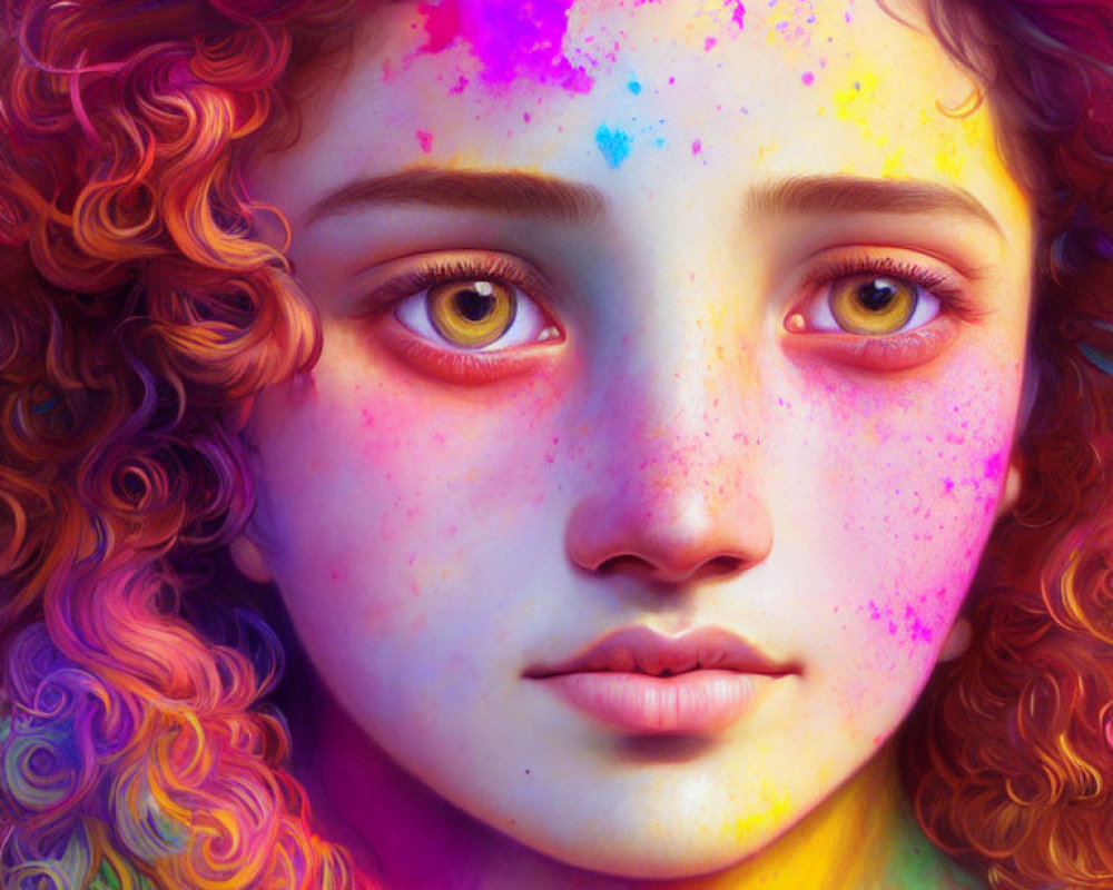 Colorful portrait of a girl with curly hair and vibrant paint splashes