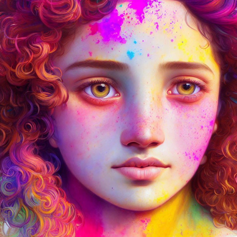 Colorful portrait of a girl with curly hair and vibrant paint splashes