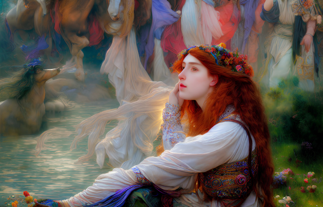 Red-haired woman in floral crown by water's edge with ethereal figures and vibrant colors