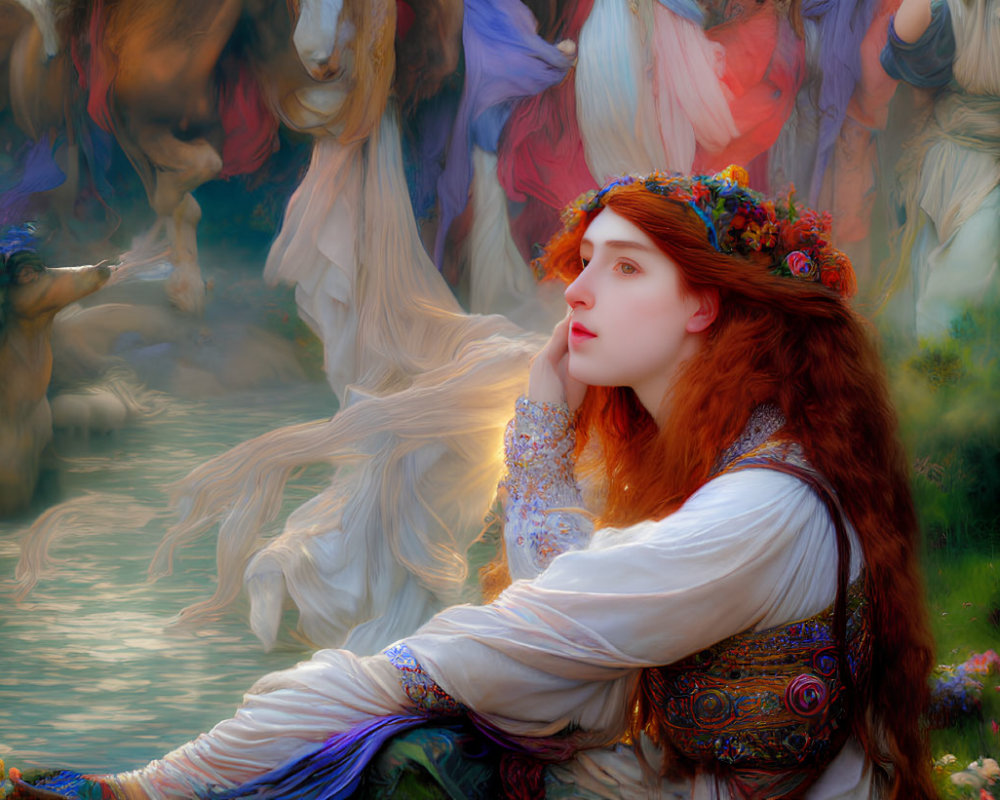 Red-haired woman in floral crown by water's edge with ethereal figures and vibrant colors