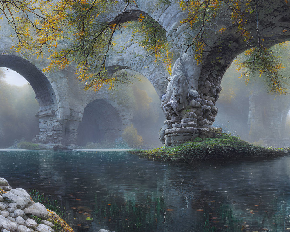 Misty lake scene with stone bridge and autumn trees