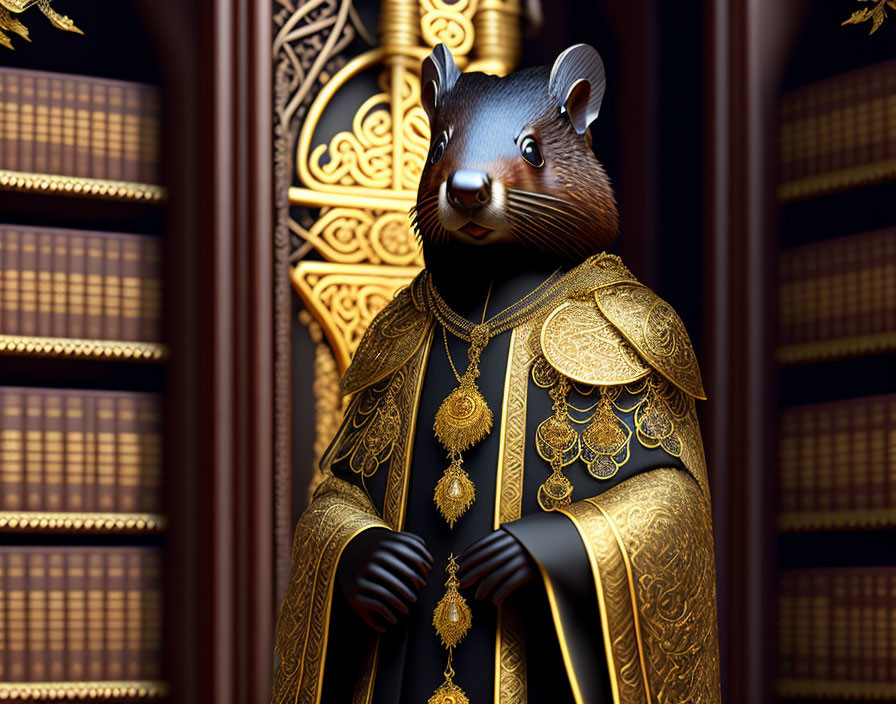 Regal anthropomorphic bear in ornate traditional attire at classical library