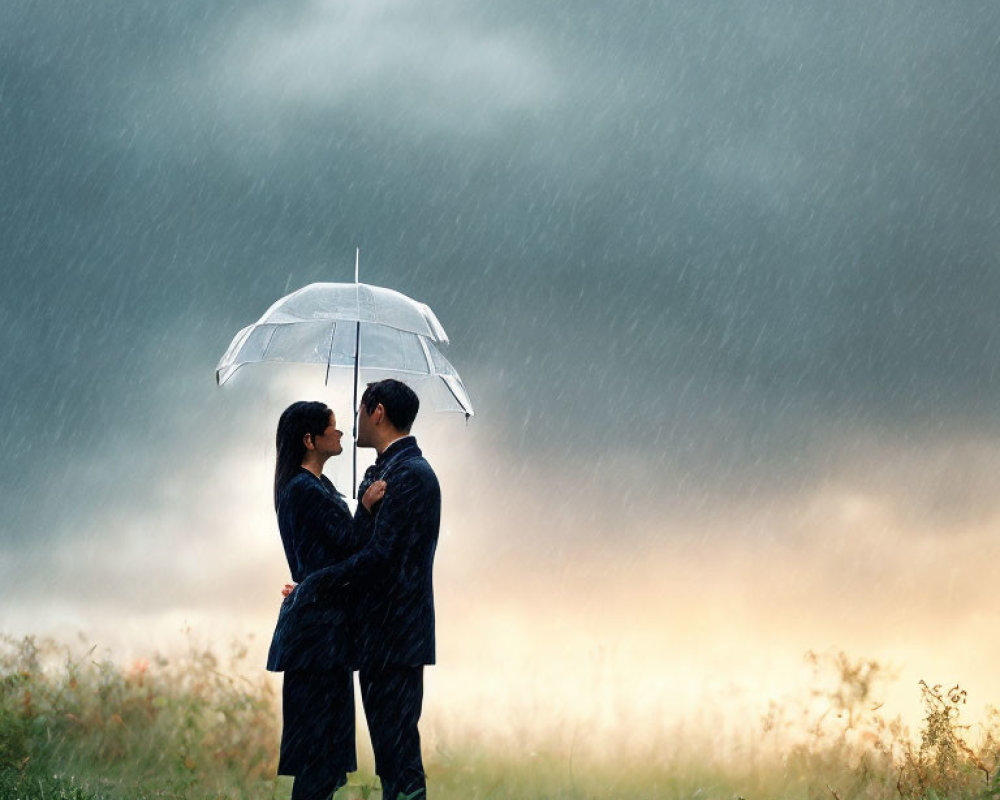 Couple under transparent umbrella in the rain with stormy sky and warm glow