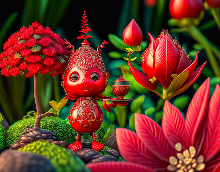 Vibrant illustration of red plant creature with teapot amid oversized flowers