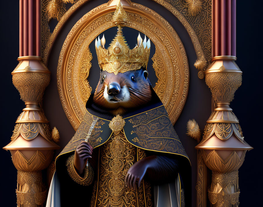 Regal anthropomorphic beaver king on throne in luxurious setting